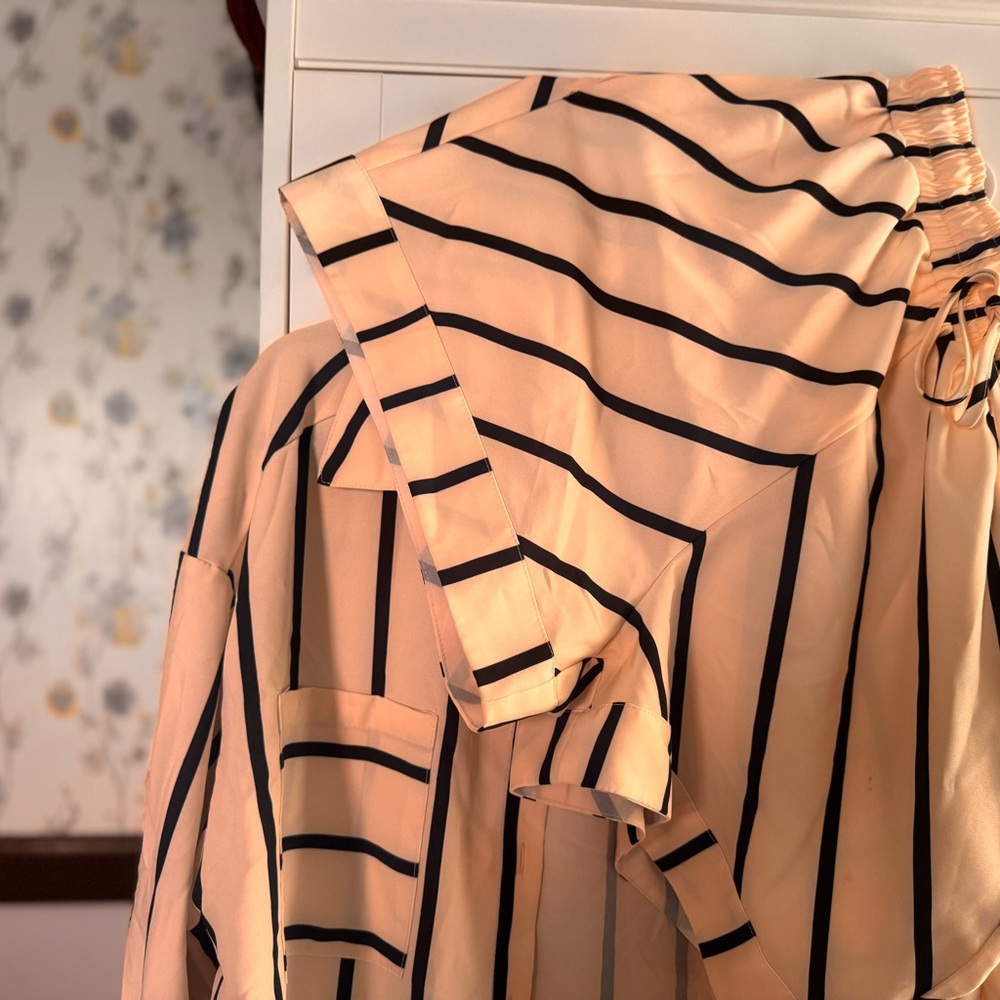 Amazon Cream and Black Striped Ruffle-Trim Blouse & Short Set - Picture 2 of 4